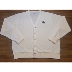 🧶 VTG IZOD 90s Grandpa Cardigan – Men’s XL – Ivory White Knit Sweater –USA Made